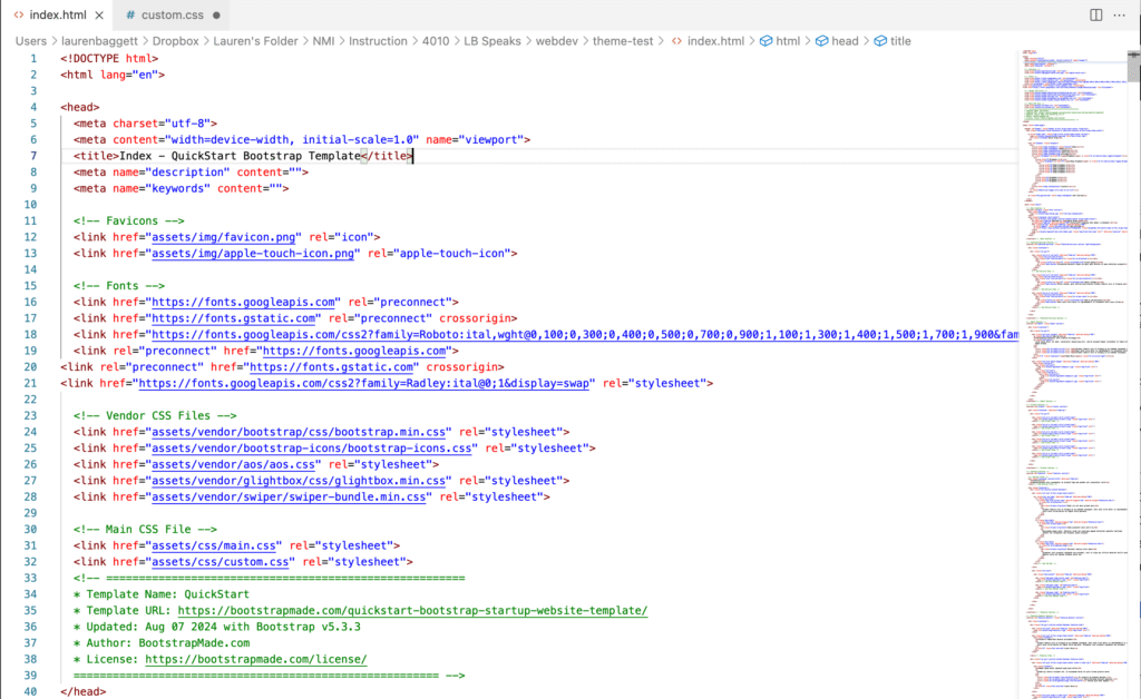 Screenshot of html code from Quick Start theme.